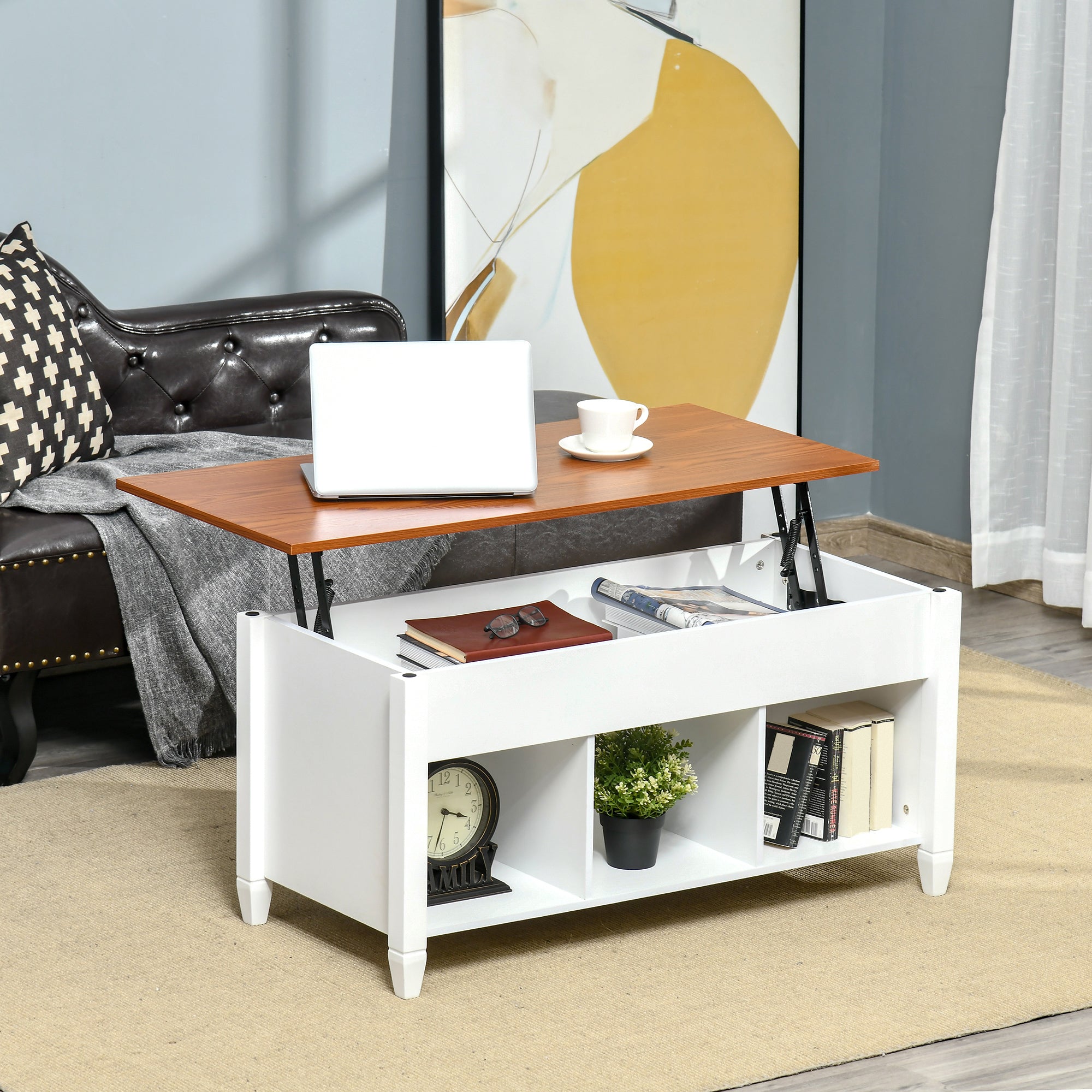 HOMCOM White & Brown Lift Top Coffee Table: Pop-Up Center Table with Hidden Storage, 3 Lower Shelves for Living Room