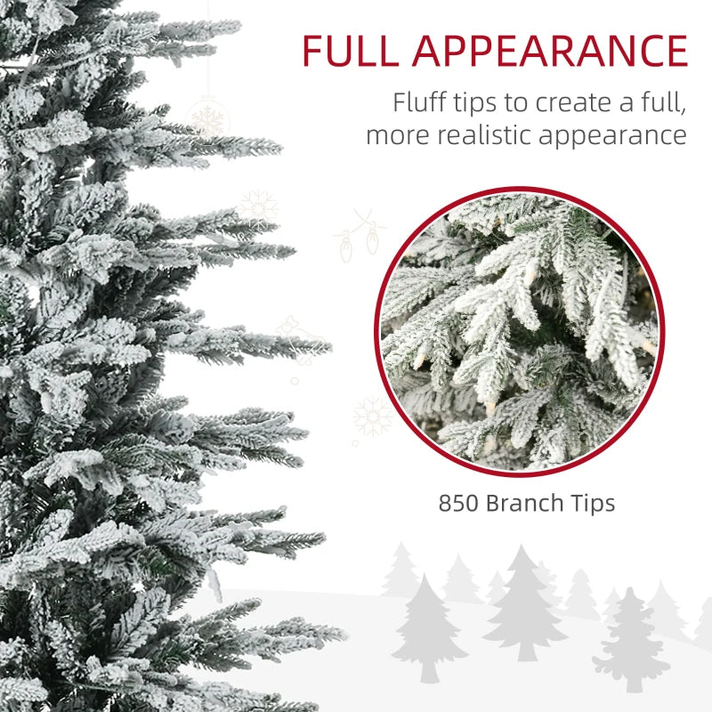 HOMCOM 7.5' Pre Lit Artificial Flocked Christmas Trees, with Snow Branches, Warm Yellow Clear Lights, Auto Open, Extra Bulb