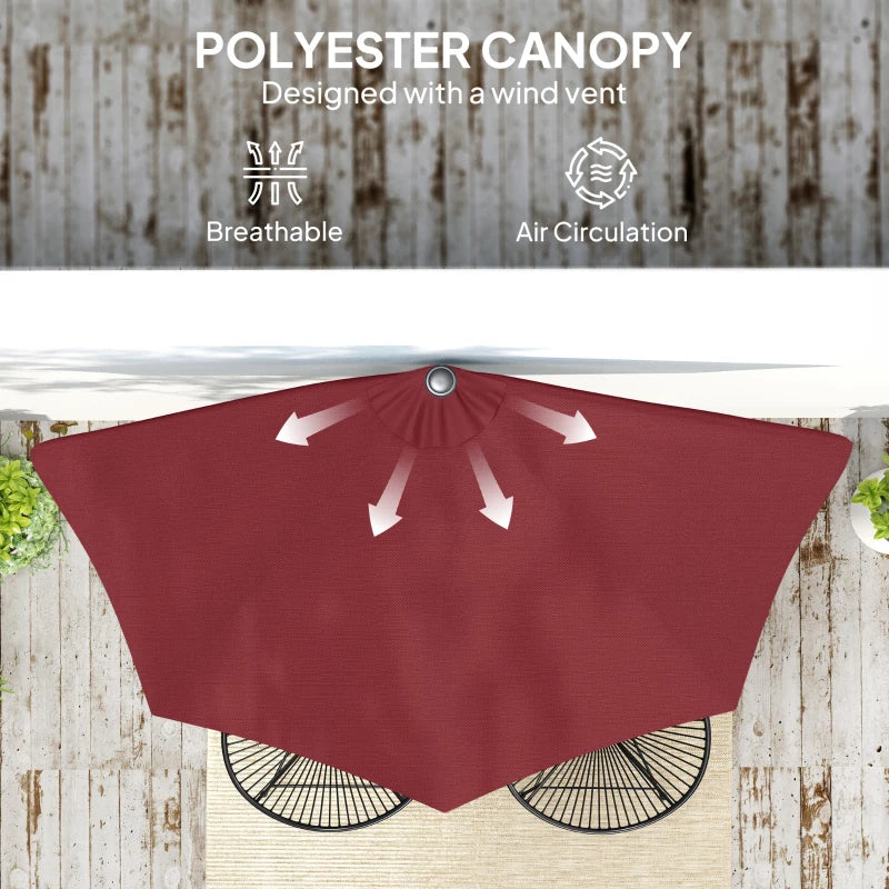 9ft Half Round Umbrella Outdoor Patio Garden Balcony Parasol Window Sun Shade w/ 5 Ribs Wine Red