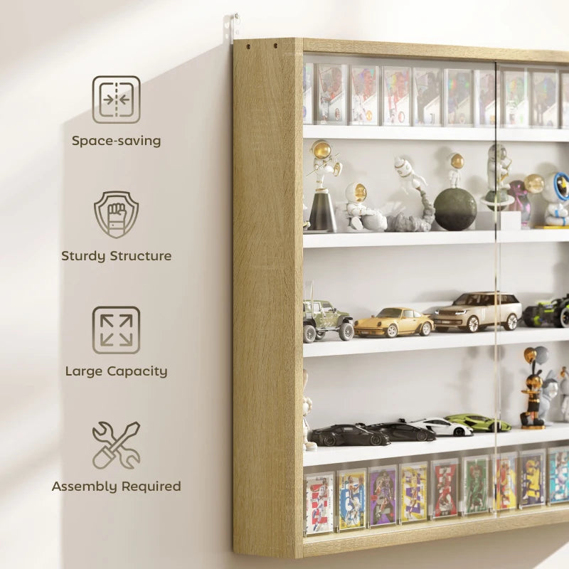 5-Tier Display Cabinet, Shot Glass Display Case, Glass Curio Cabinet with 2 Glass Doors and 4 Adjustable Shelves, Oak