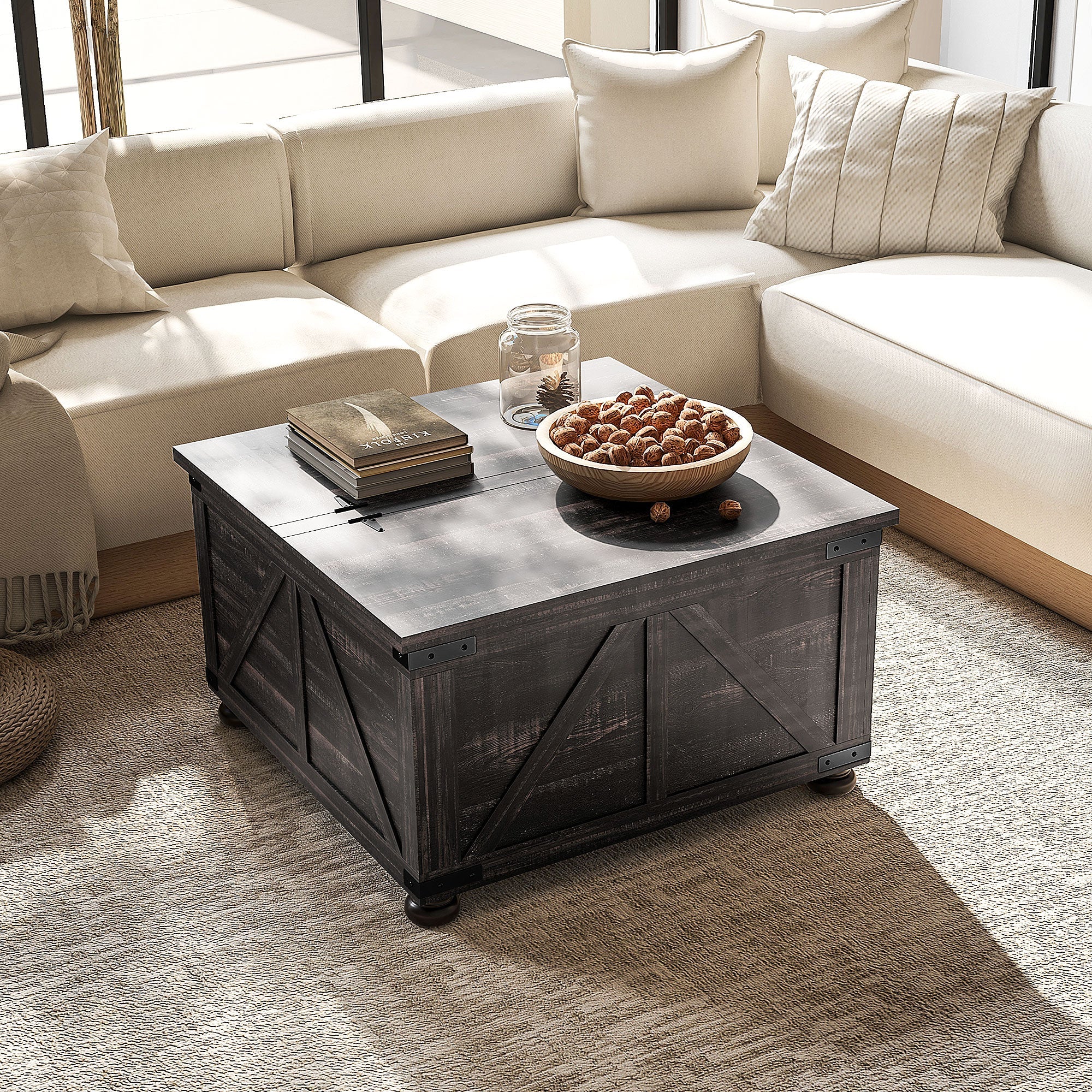 HOMCOM Farmhouse Coffee Table, Square Center Table with Flip-top Lids, Hidden Storage Compartment and Wooden Legs, Distressed Brown