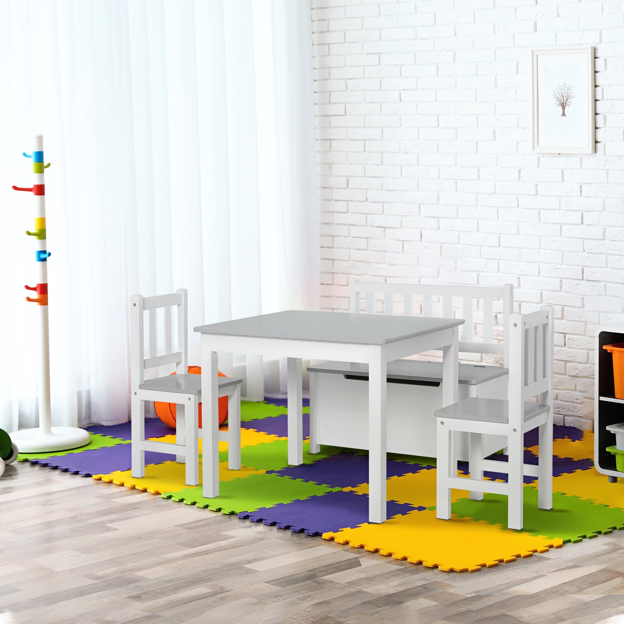 Qaba 4-Piece Kids Table Chair Bench Set: With Storage, Easy Clean, Grey/White for Boys & Girls