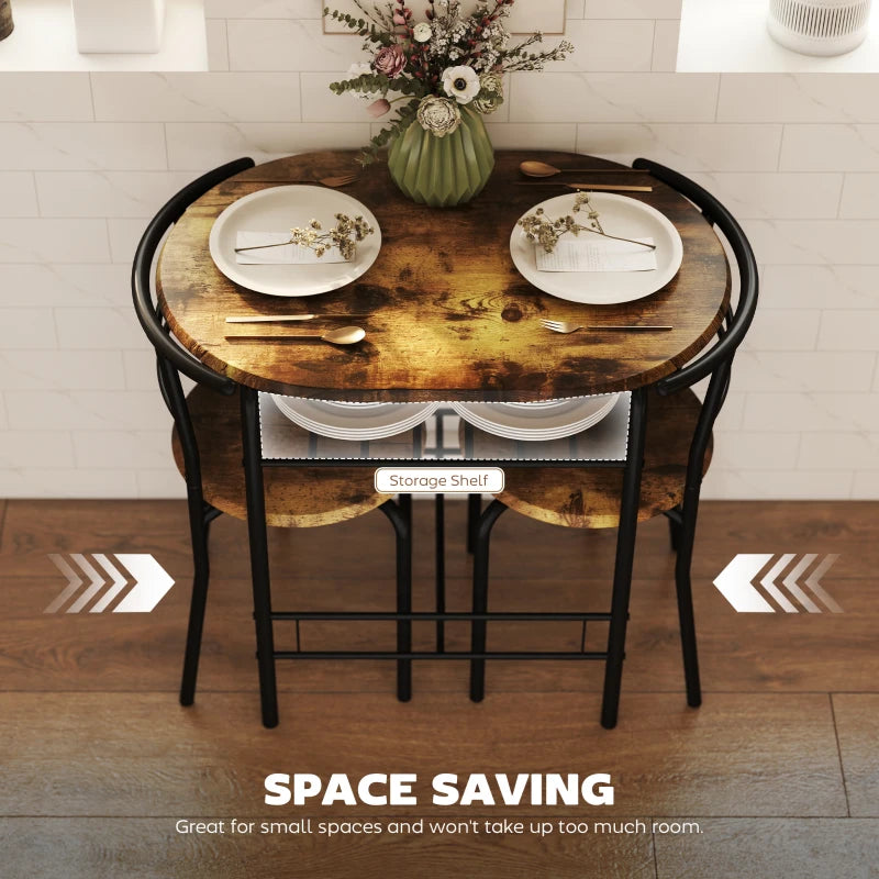 Dining Table Set of 3, Kitchen Table and Chairs Set for 2 with Shelf, Living Room Rustic Brown