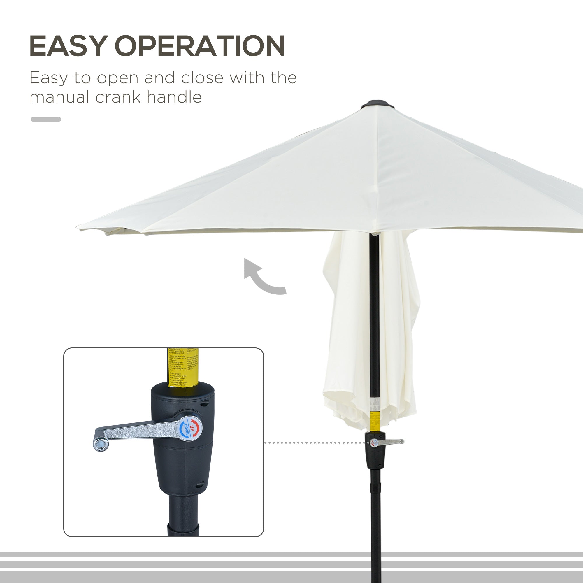 Outsunny Half Patio Umbrella 6.6x6ft with Double-Sided Canopy, Crank Handle, Base - Ideal for Garden, Balcony in Cream