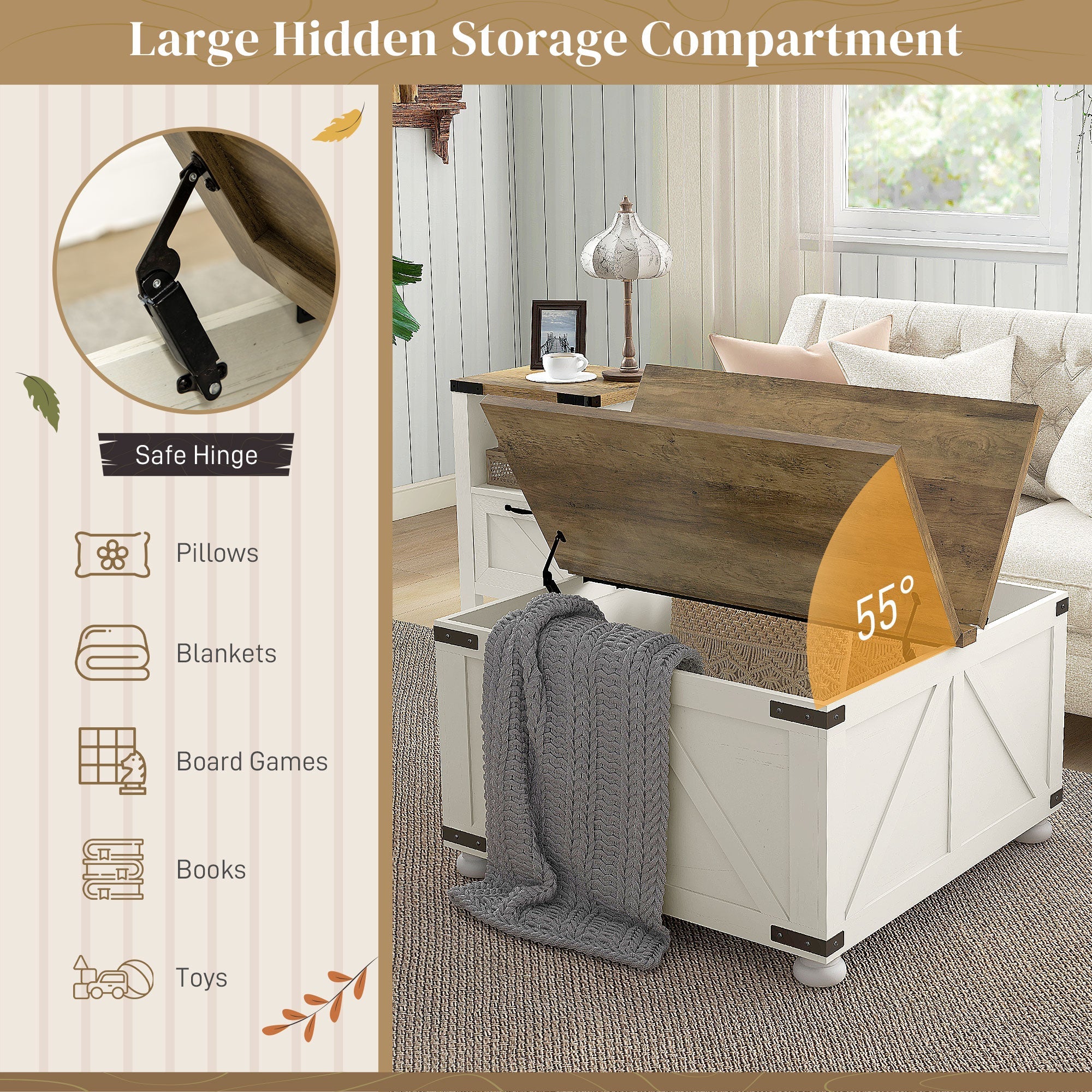 HOMCOM Antique White Farmhouse Coffee Table: Square Center Table with Flip-top Lids, Hidden Storage and Wooden Legs