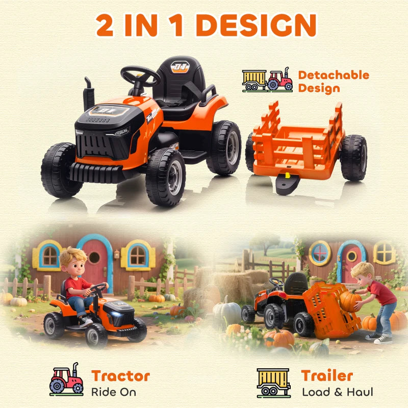 Qaba 12V Kids Ride On Tractor with Trailor, Remote Control, Music, Lights, Shifter, for Kids Ages 3-8 Years, Orange