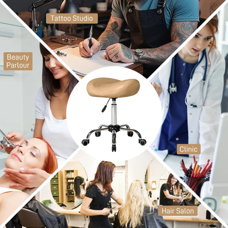 Saddle Stool, Height Adjustable Rolling Salon Chair with PU Leather for Massage, Spa, Clinic, Beauty and Tattoo, Brown
