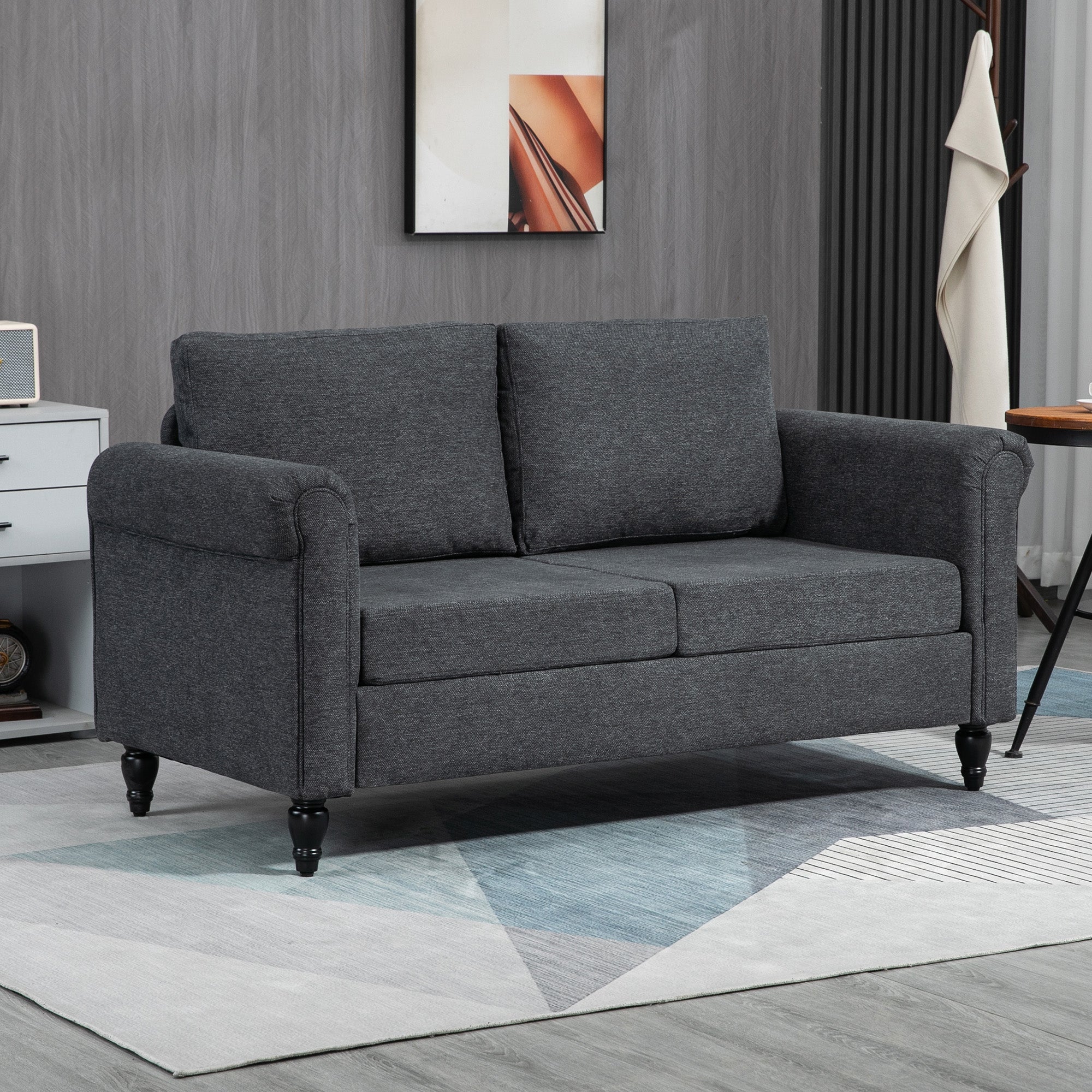 HOMCOM 57.75" Dark Grey Loveseat - Cozy 2-Seater Sofa with Curved Armrests, Throw Cushions & Rubber Wood Legs