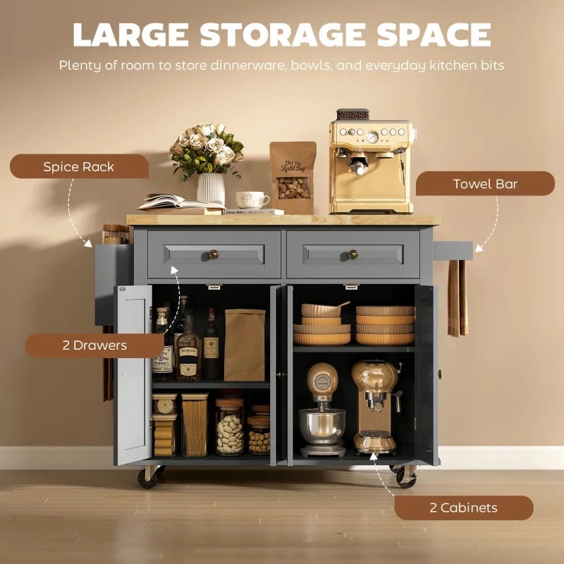 Kitchen Island with Storage, Rolling Trolley Cart with Rubber Wood Top, Spice Rack, Towel Rack, 2 Locking Brakes,Grey