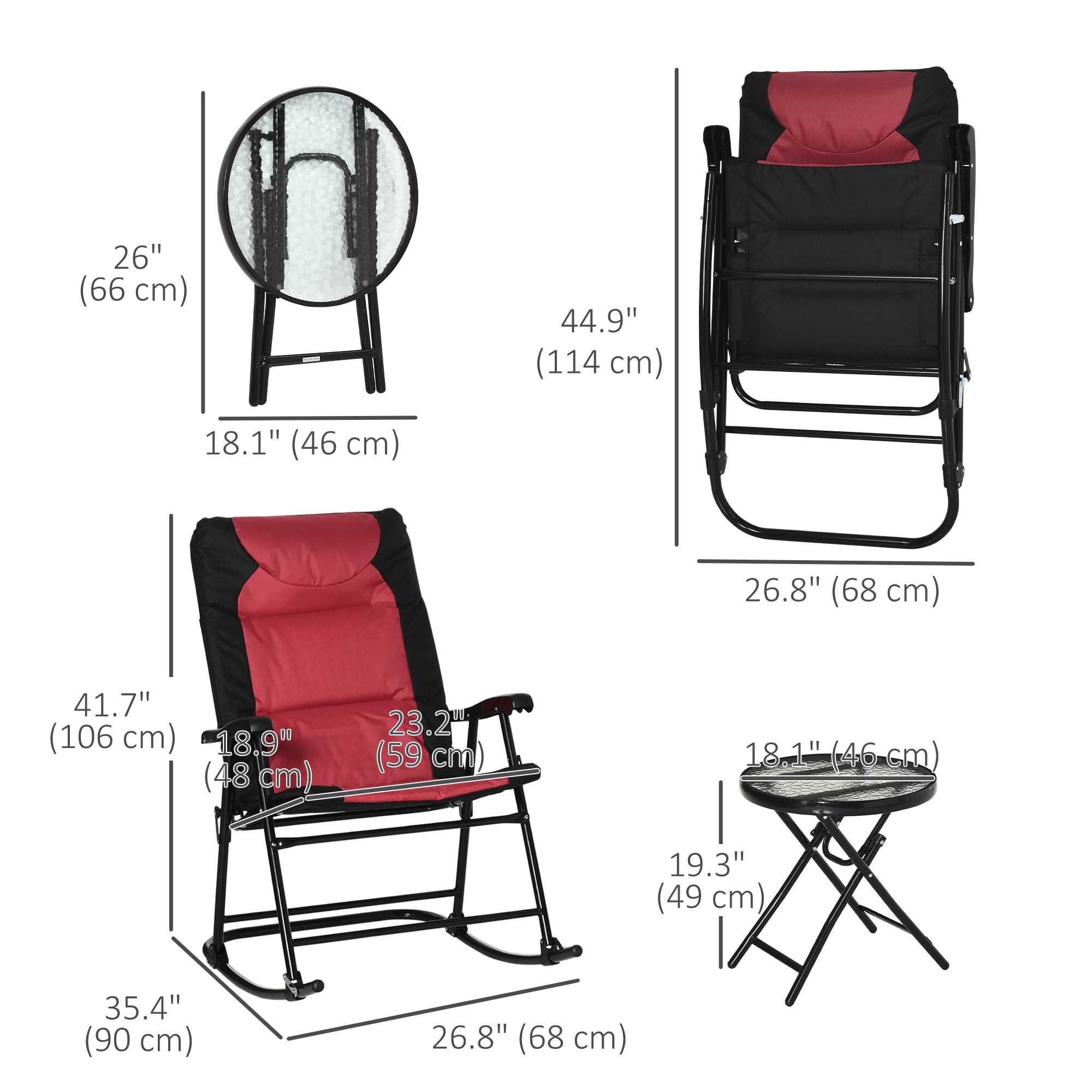 Outsunny 3pc Outdoor Folding Rocking Chair and Table Set Camping Yard Lounger Seat Patio Bistro Set w/ Padded Seat Red
