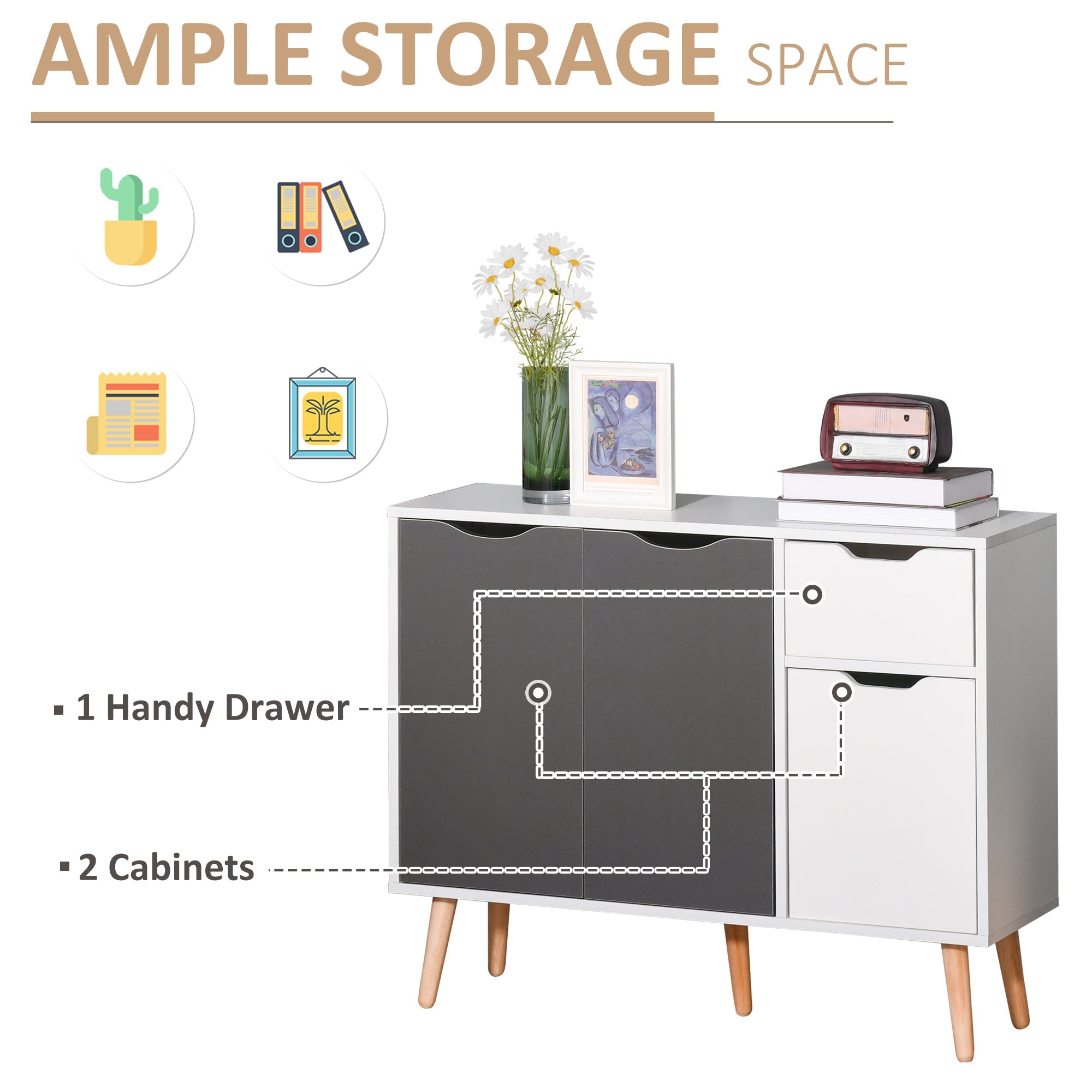HOMCOM 28" Sideboard Sophistication: Storage Cabinet with Drawer, Solid Frame for Bedroom, Living Room, Home Office, Grey