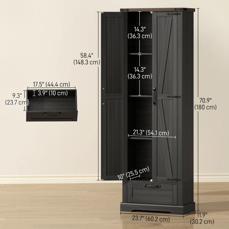 71" Pantry Cabinet, Kitchen Storage Cabinet with Adjustable Shelves, 2 Doors and Drawer for Dining Room, Black