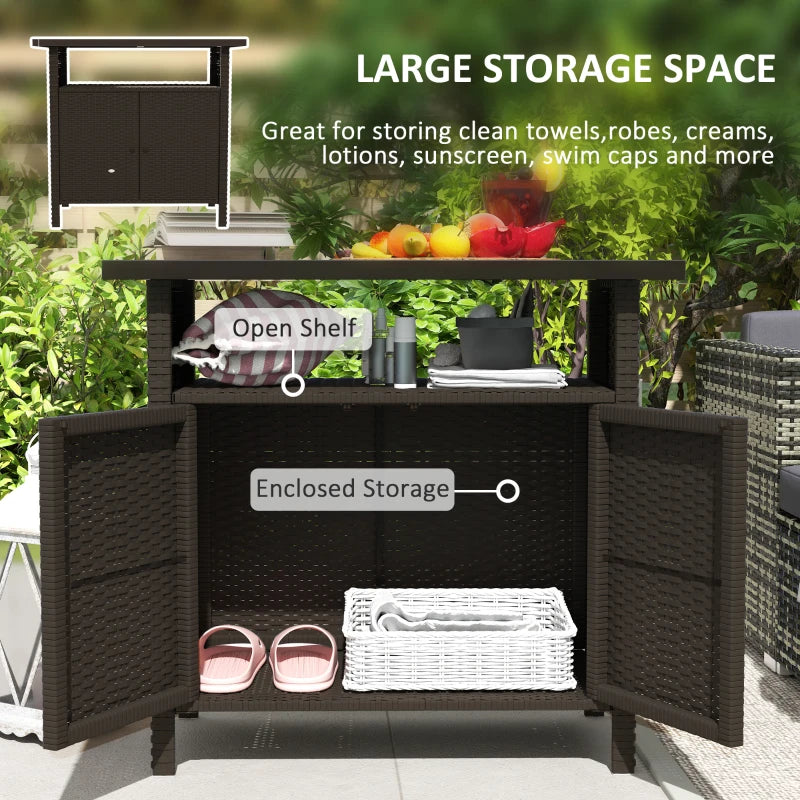 Wicker Outdoor Storage Cabinet with Two Doors and Shelf for Outdoor Pool Towel Storage, Dark Coffee