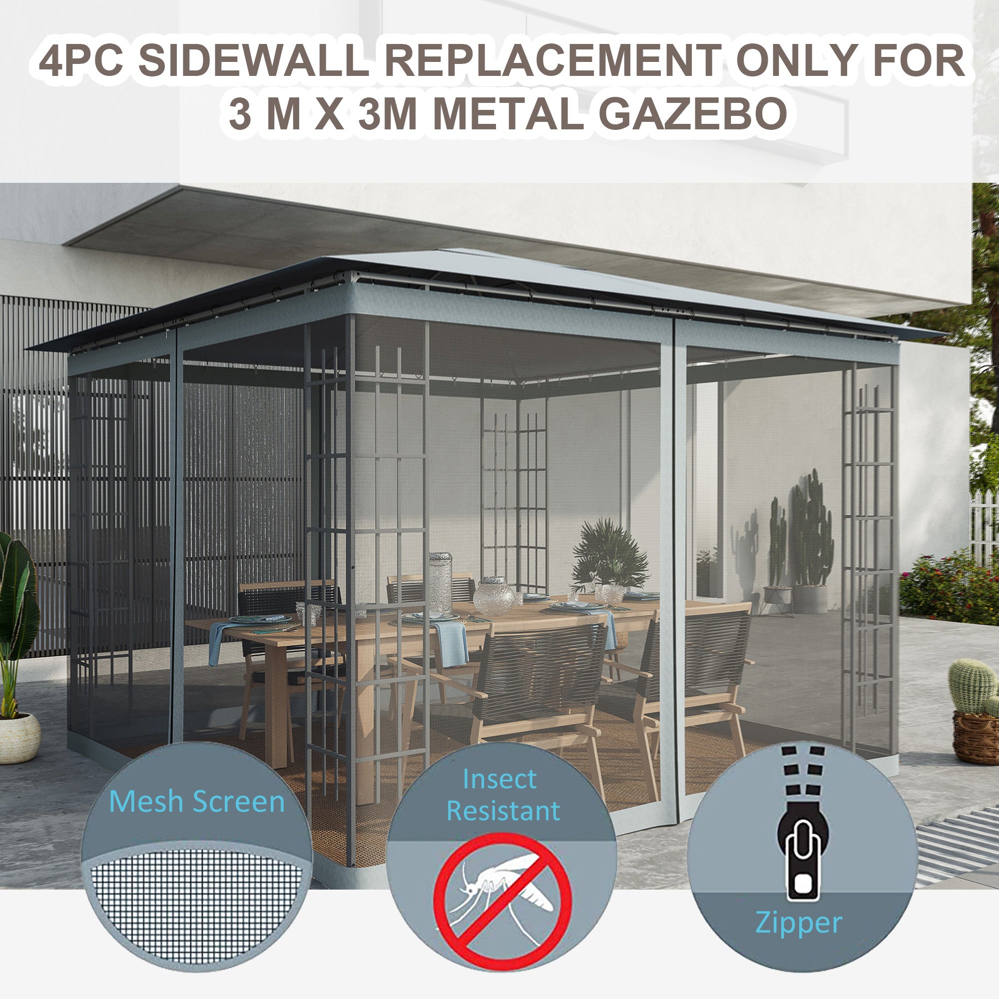 Outsunny Gazebo Mosquito Netting Replacement 10x10', Screen Walls for Canopy with Zippers, Outdoor Use, Black