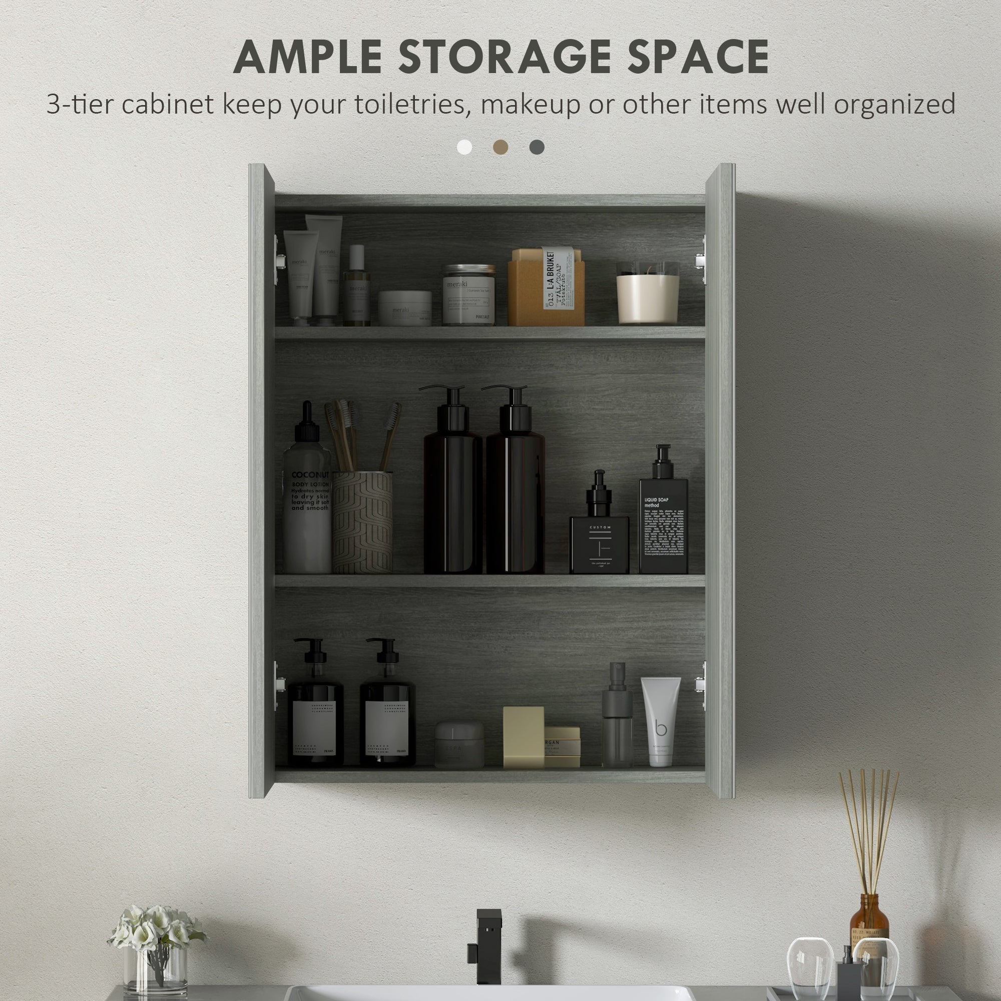 HOMCOM Wall Mount Mirrored Bathroom Medicine Cabinet Adjustable Shelf Double Soft Close Doors Grey