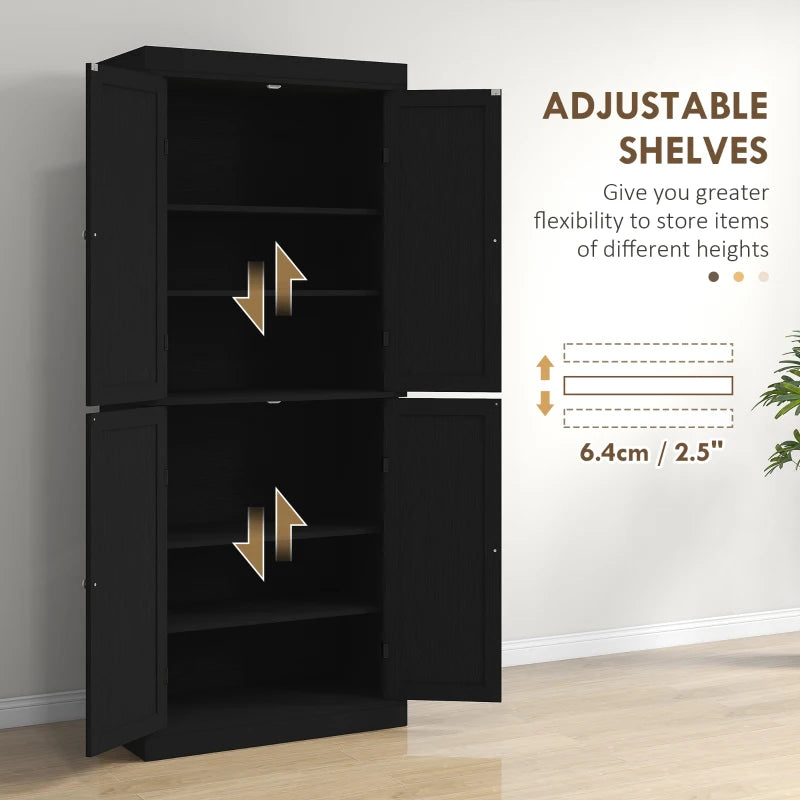 72.5" Freestanding Kitchen Pantry Cabinet with 4 Doors, Black
