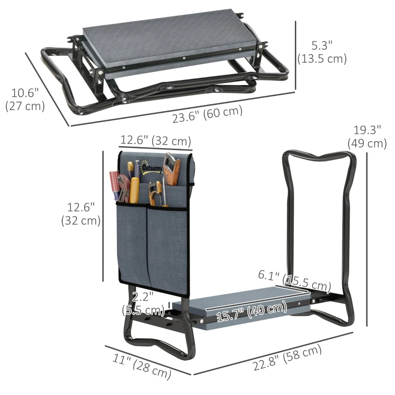 Garden Kneeler and Seat, Foldable Gardening Stool Bench with Thick EVA Foam Kneeling Pad and 1 Large Tool Pouch, Grey