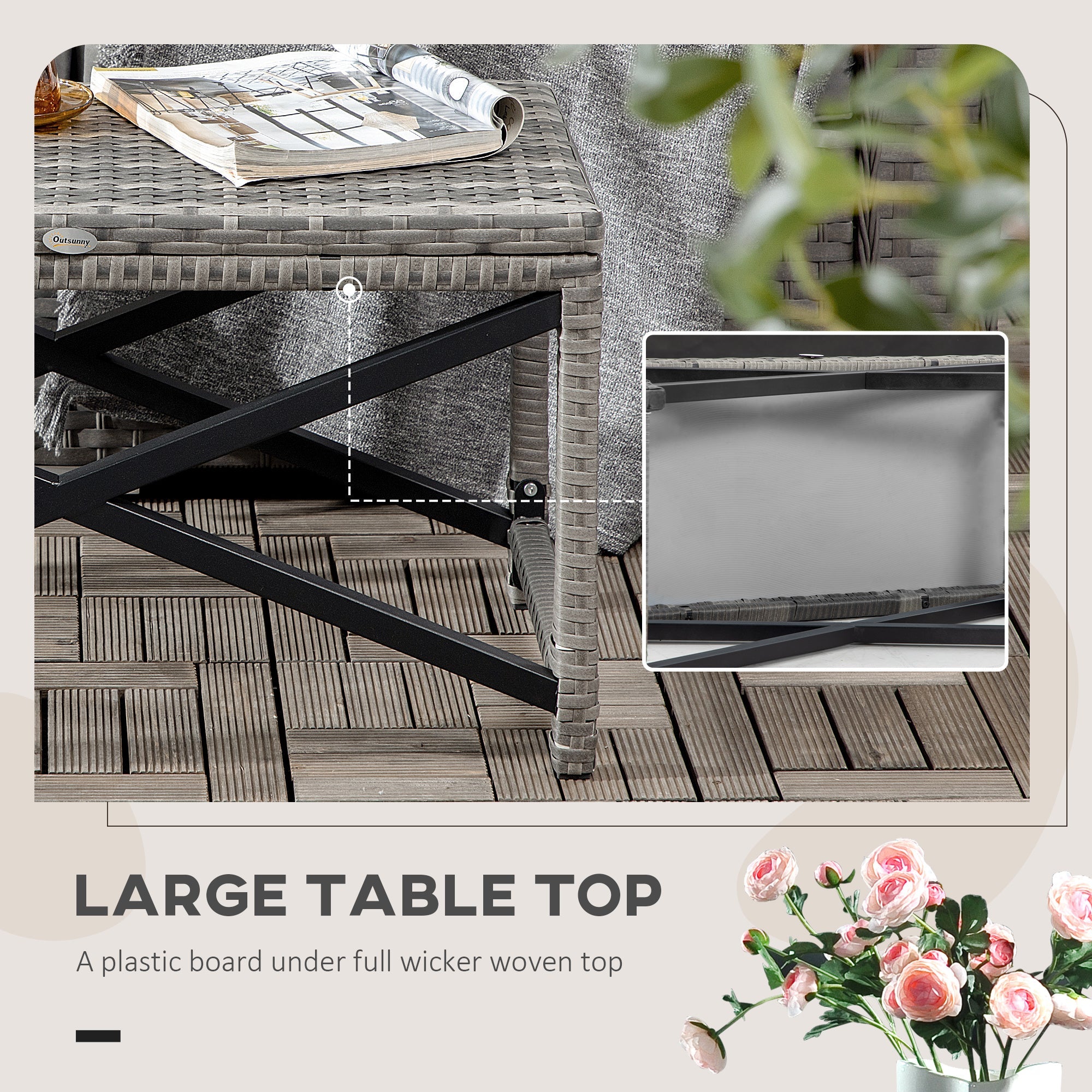 Outsunny Mixed Grey Wicker Patio End Table Outdoor Rattan Side Table with Durable Plastic Board Top for Garden Deck