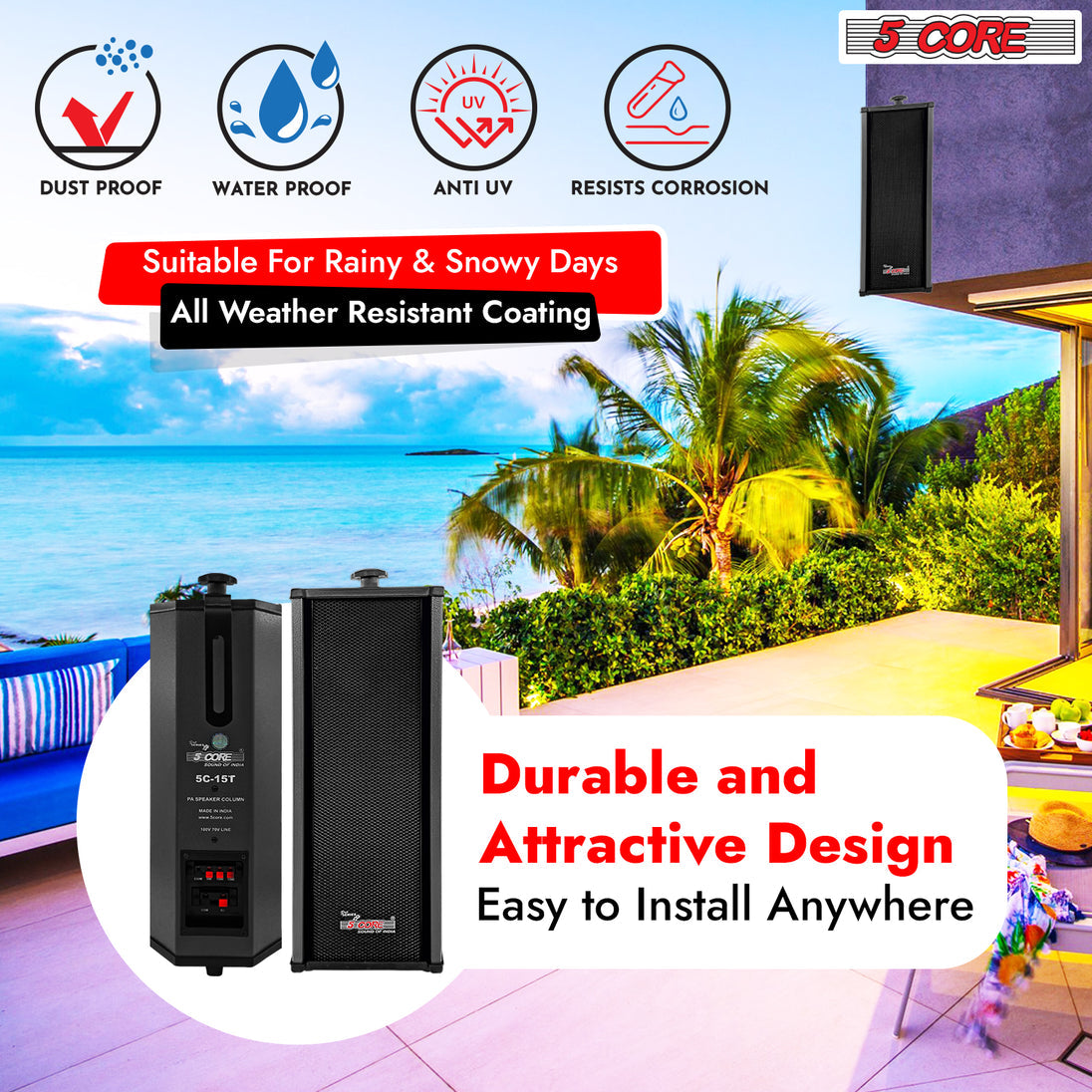 5Core Outdoor Stereo Speakers – 100W Peak Passive In-Wall Home Audio System for Superior Sound Quality