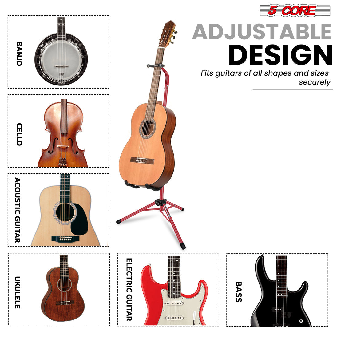 5Core Folding Guitar Stand β Floor Holder Soporte Para Guitarra for Acoustic, Electric, and Bass Guitars