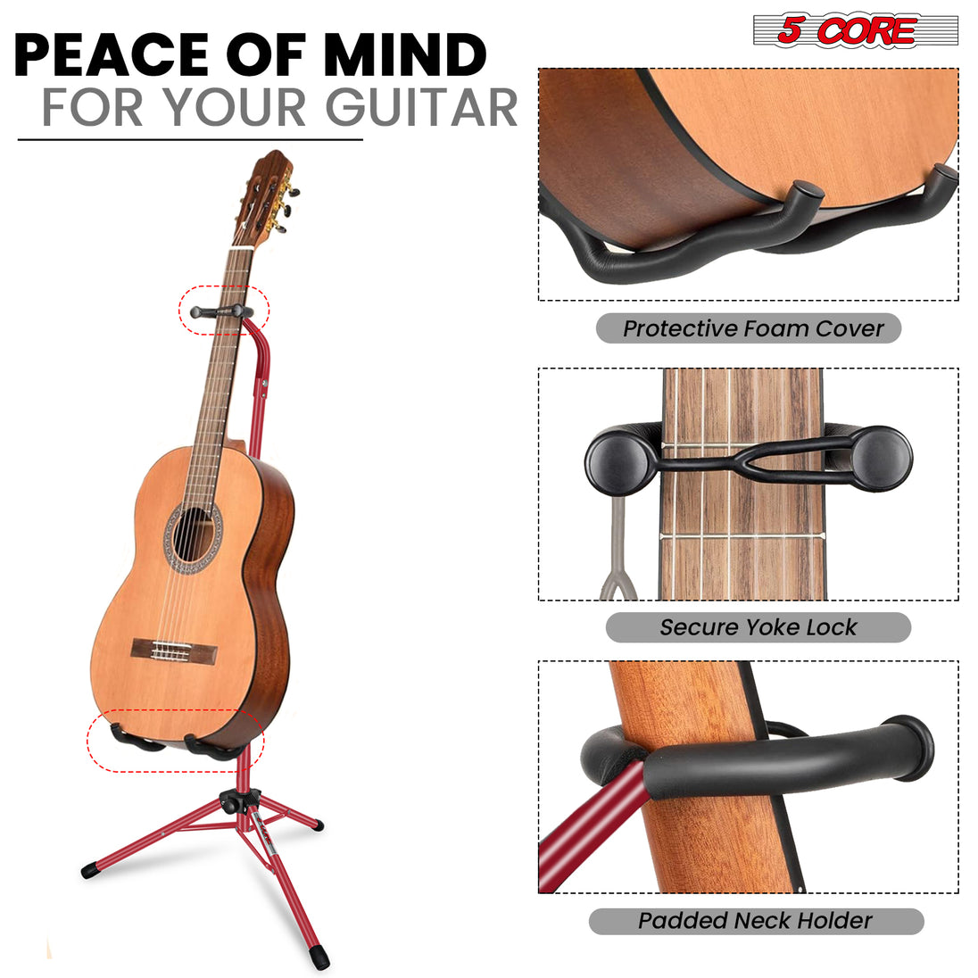 5Core Folding Guitar Stand β Floor Holder Soporte Para Guitarra for Acoustic, Electric, and Bass Guitars