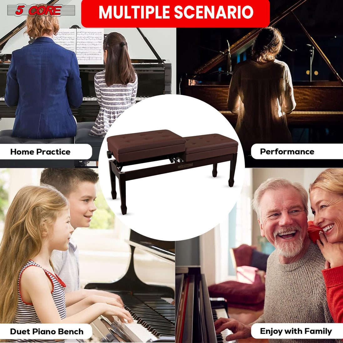 5CORE Duet Piano Bench with Storage Adjustable Wooden Keyboard Stool for Adults & Kids Designed for Two Players