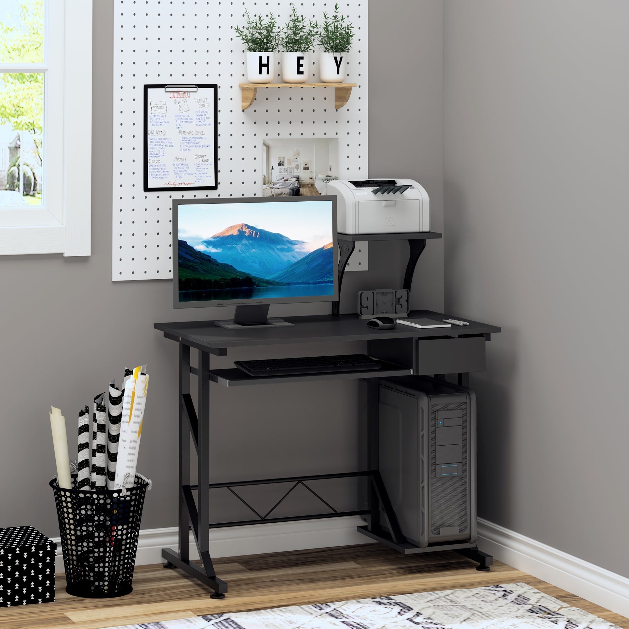 HOMCOM Compact Computer Desk with Keyboard Tray & Drawer in Black 35.4"Lx19.7"Wx37.4"H