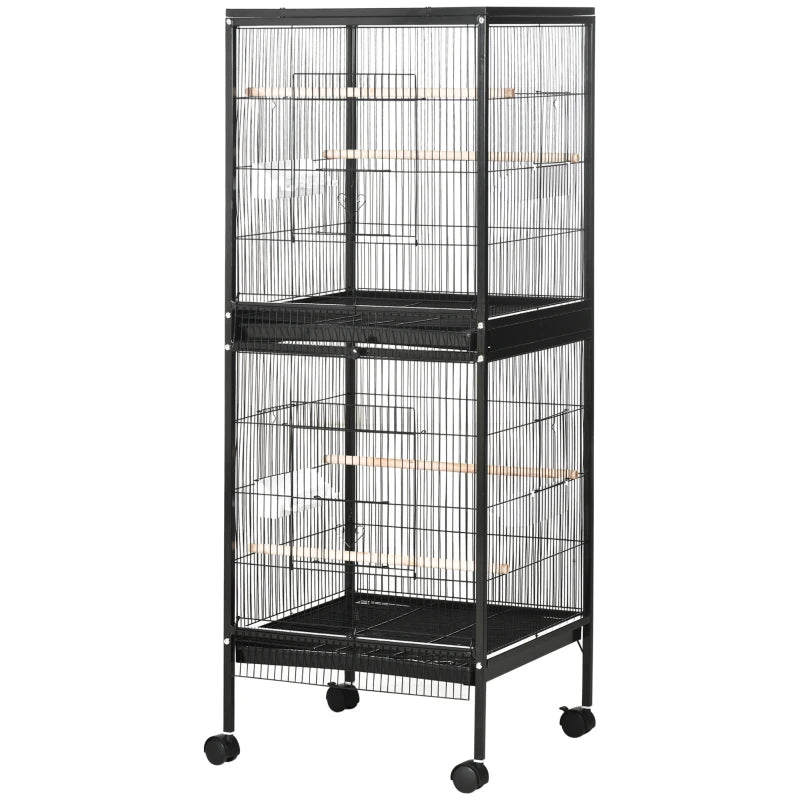 55.1" 2 In 1 Bird Cage Aviary Parakeet House for finches, budgies with Wheels, Slide-out Trays, Wood Perch, Food Containers, Black