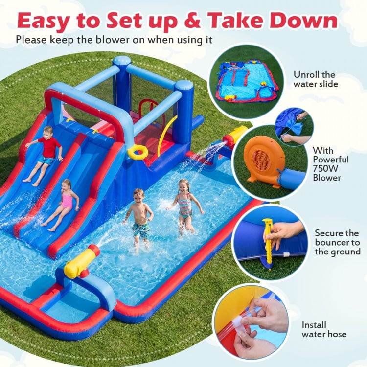 Inflatable Bounce House with 2 Water Slides and 3 Water Cannons With 680W Blower