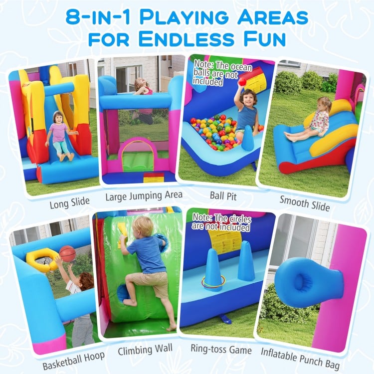 Inflatable Bounce House 8-in-1 Excavator Themed Kids Bouncer with 750W Blower