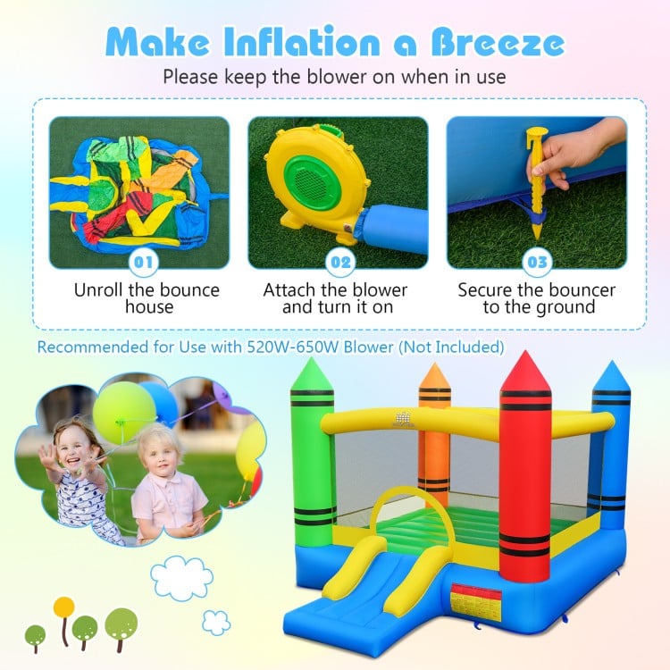 Inflatable Bounce House 2-in-1 Crayon Themed Kids Bouncer with 550W Blower