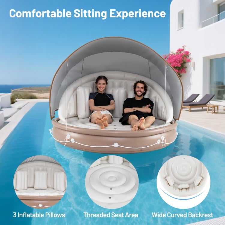 Inflatable Canopy Island Tanning Pool Lounger Float with Retractable Canopy
