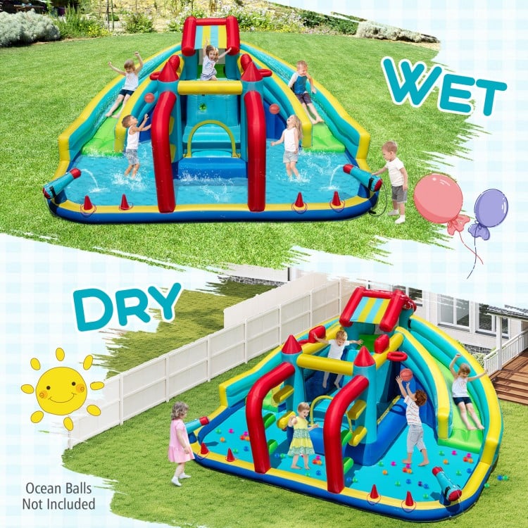 Inflatable Double Water Slide Park with Obstacle Course and 680W Blower