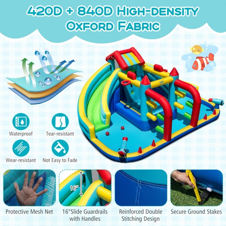 Inflatable Double Water Slide Park with Obstacle Course and 735W Blower