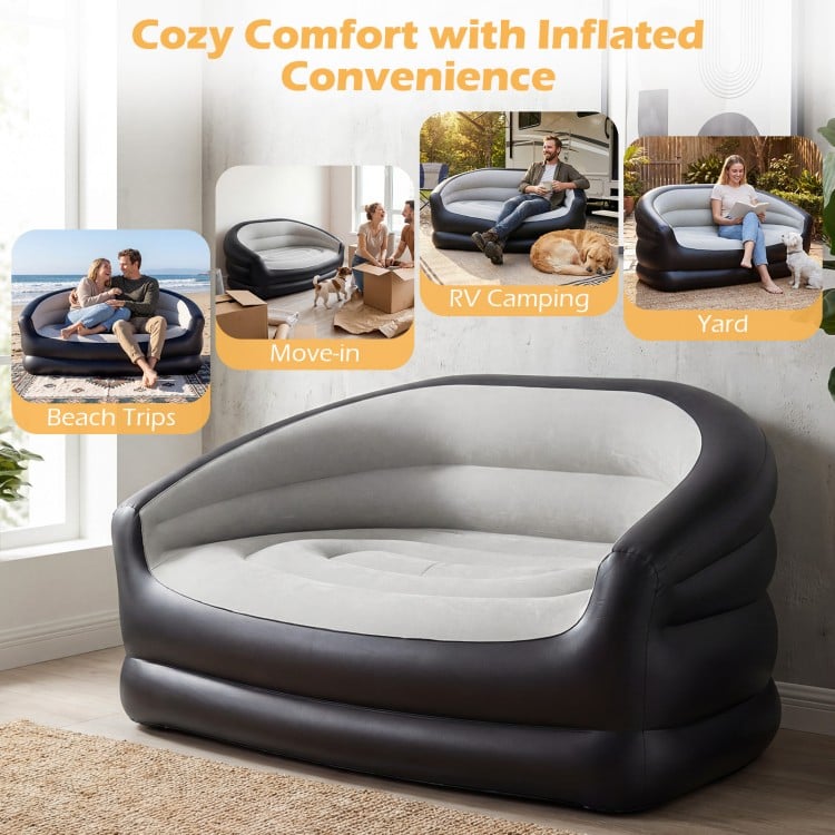 Inflatable Loveseat Couch Portable and Foldable 2-Seater Air Sofa for Adults with Flocked Surface-Grey