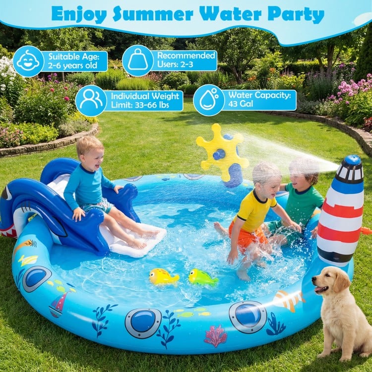 Inflatable Play Center Marine Life Spray Pool with Shark-shaped Slide Lighthouse Sprinkle