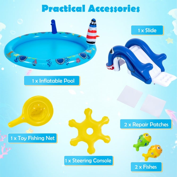 Inflatable Play Center Marine Life Spray Pool with Shark-shaped Slide Lighthouse Sprinkle