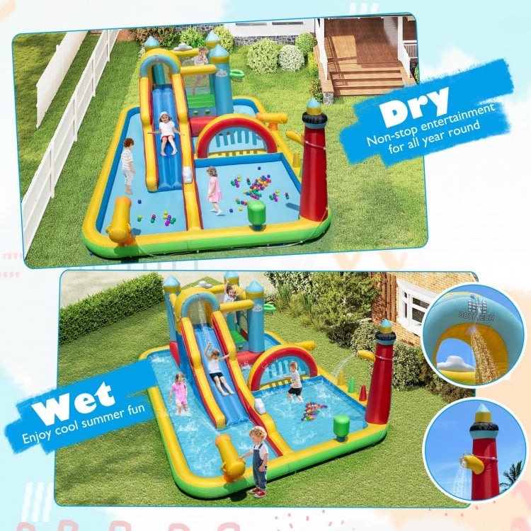Inflatable Water Slide Giant Water Park with Long Slide, 750W Blower