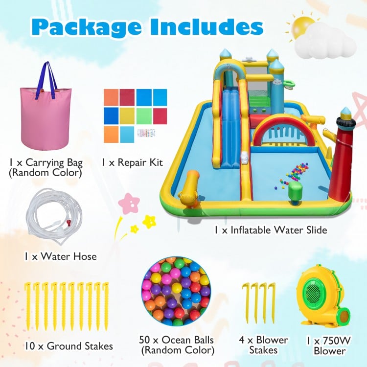 Inflatable Water Slide Giant Water Park with Long Slide, 750W Blower