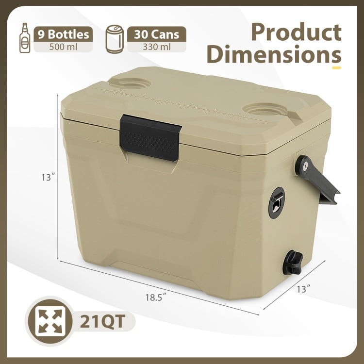 Insulated Portable Cooler Hard Shell Ice Chest with 2 Cup Holders-Sand Color