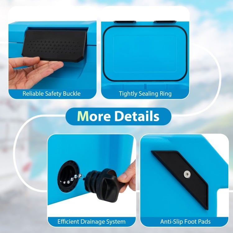 Insulated Portable Cooler Hard Shell Ice Chest with 2 Cup Holders Bottle Opener and Drain Plug-Blue