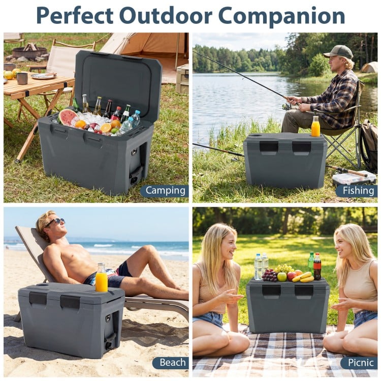Insulated Portable Cooler Hard Shell Ice Chest with 2 Cup Holders Bottle Opener and Drain Plug-Gray