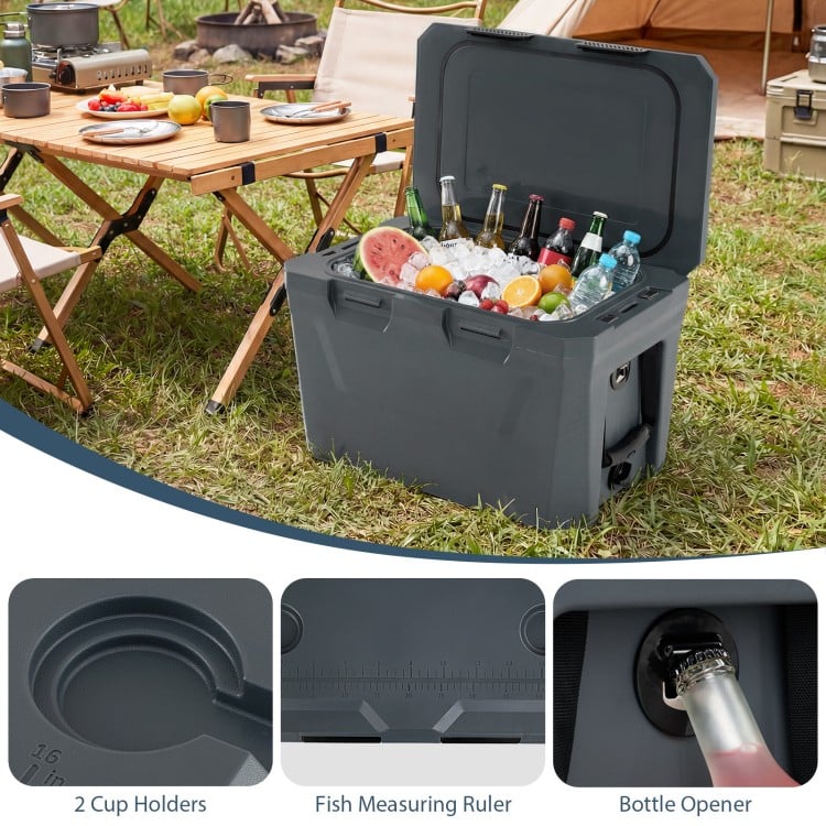 Insulated Portable Cooler Hard Shell Ice Chest with 2 Cup Holders Bottle Opener and Drain Plug-Gray
