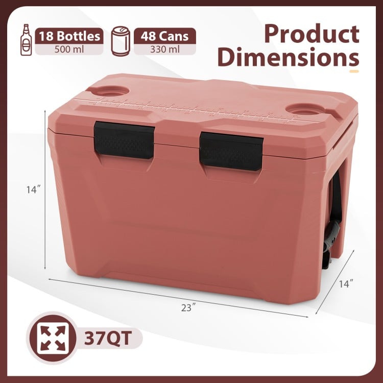 Insulated Portable Cooler Hard Shell Ice Chest with 2 Cup Holders Bottle Opener and Drain Plug-Pink