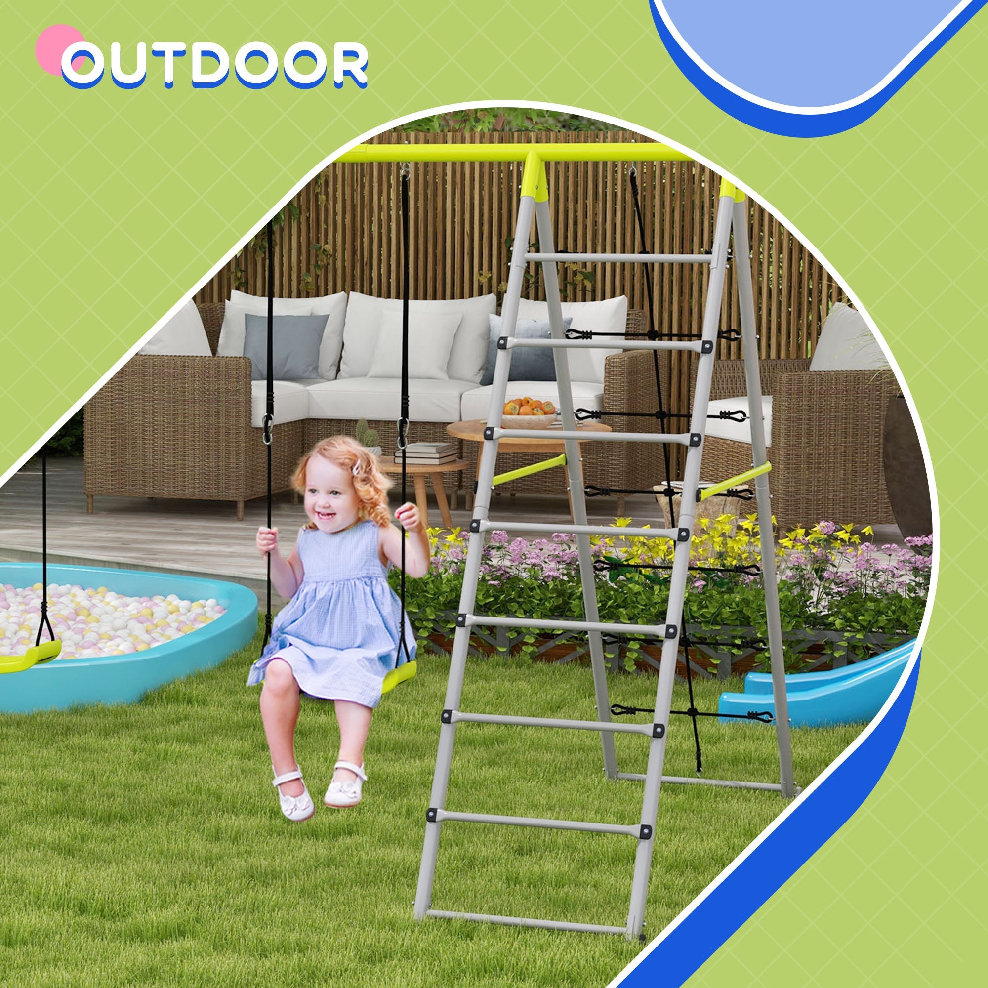 Outsunny 4-in-1 Metal Swing Set Double Swings Climber Climbing Net Kids Toddlers Backyard Outdoor Playground
