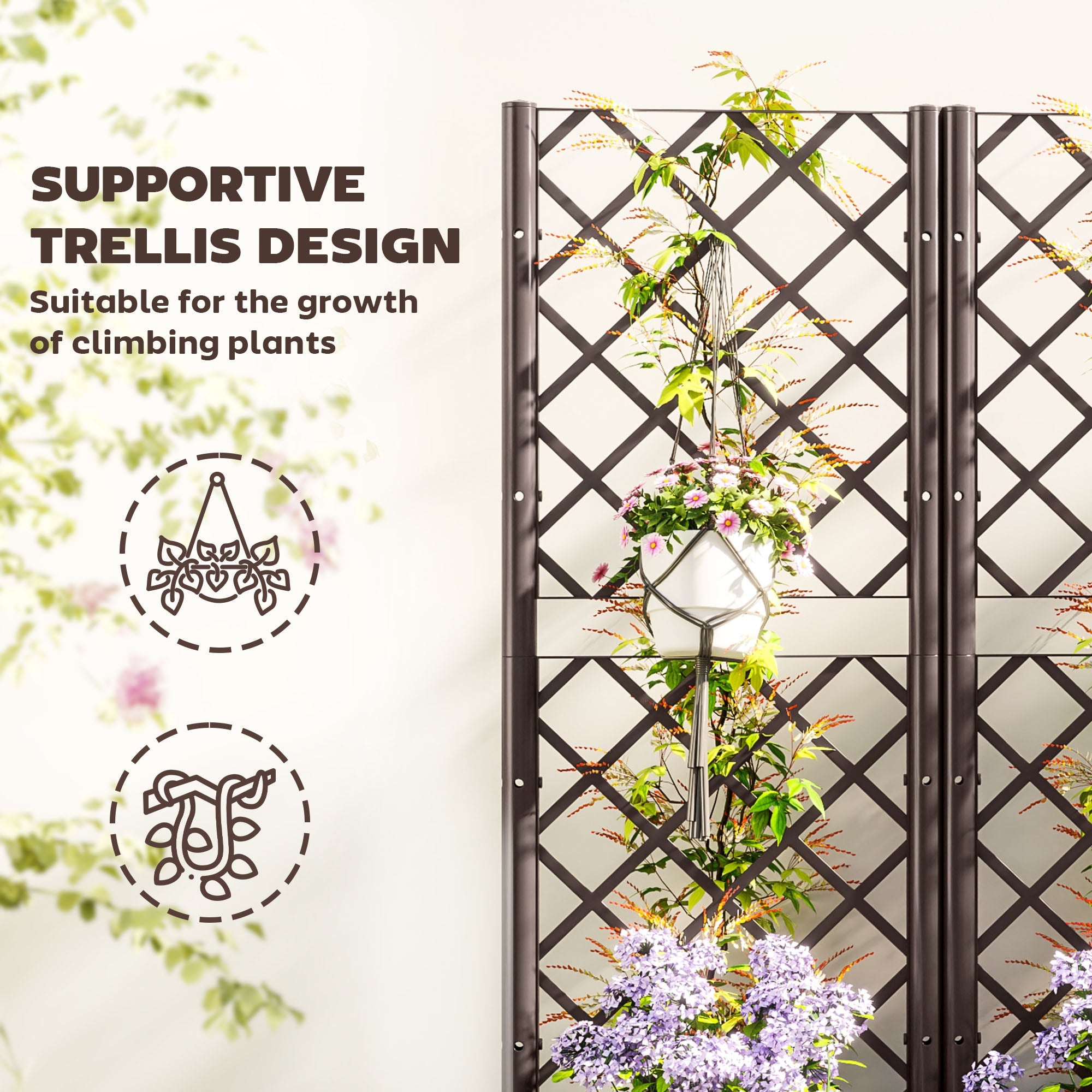 Outsunny Raised Garden Bed with Trellis, Plastic Raised Flower Bed with Drainage Holes and Drain Plugs, 47" x 16" x 48"