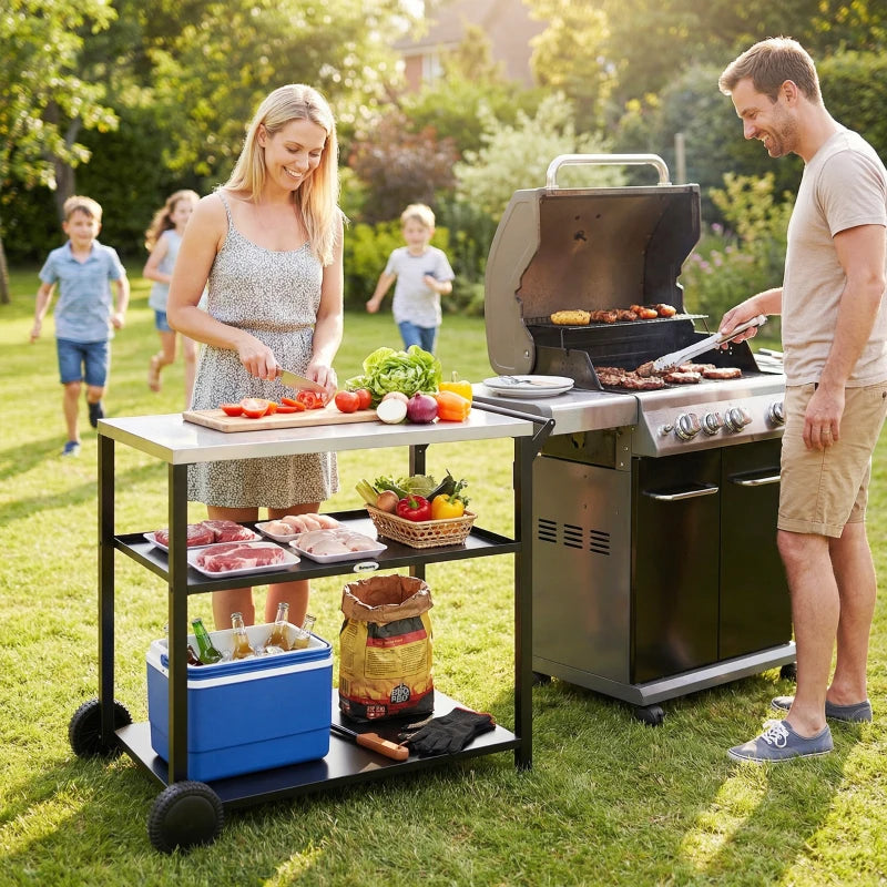 Outdoor Grill Cart with Stainless Steel Tabletop, 3-Tier BBQ Stand, Movable Food Prep Table on Wheels, Black