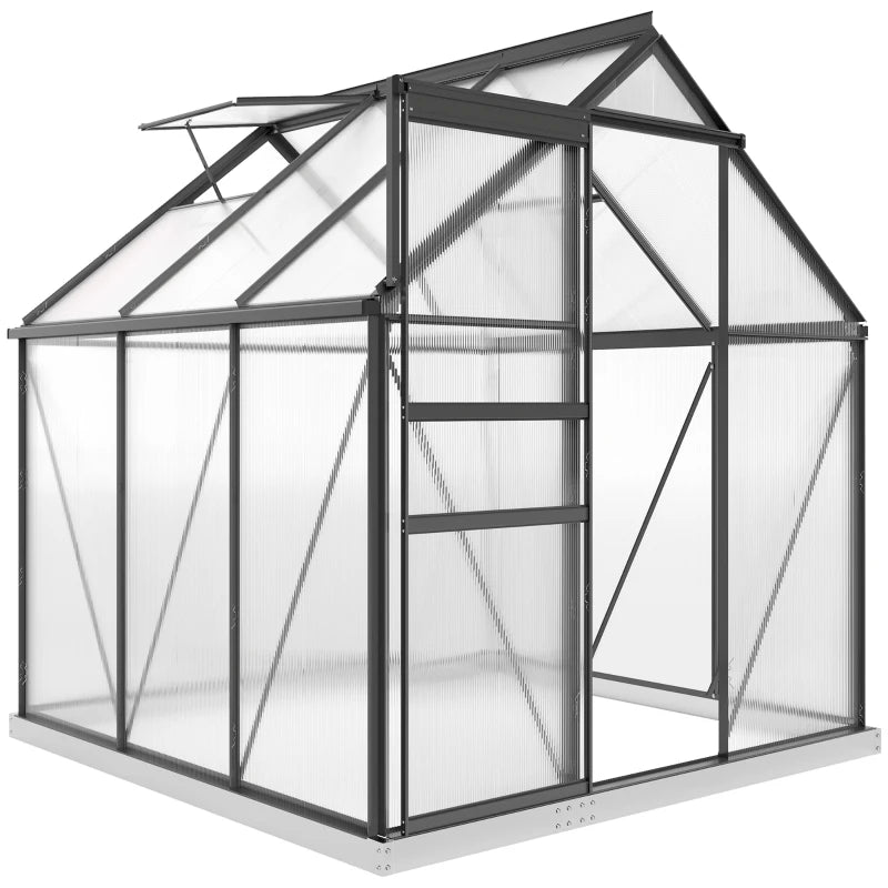 6' x 6' x 6.5' Polycarbonate Greenhouse, Walk-in Green House with Adjustable Roof Vent Galvanized Base Sliding Door Rain Gutter for Outdoor Garden Backyard, Grey