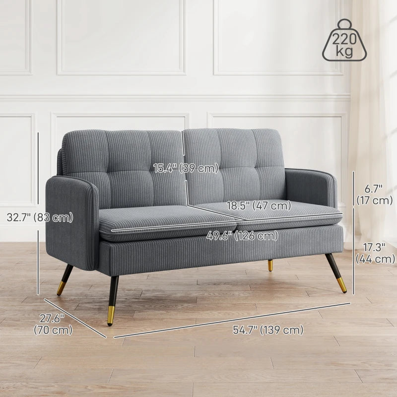 55" Loveseat Sofa, Corduroy Love Seat w/ S spring, Steel Legs and Button Tufting, Small Couch for Living Room, Dark Grey