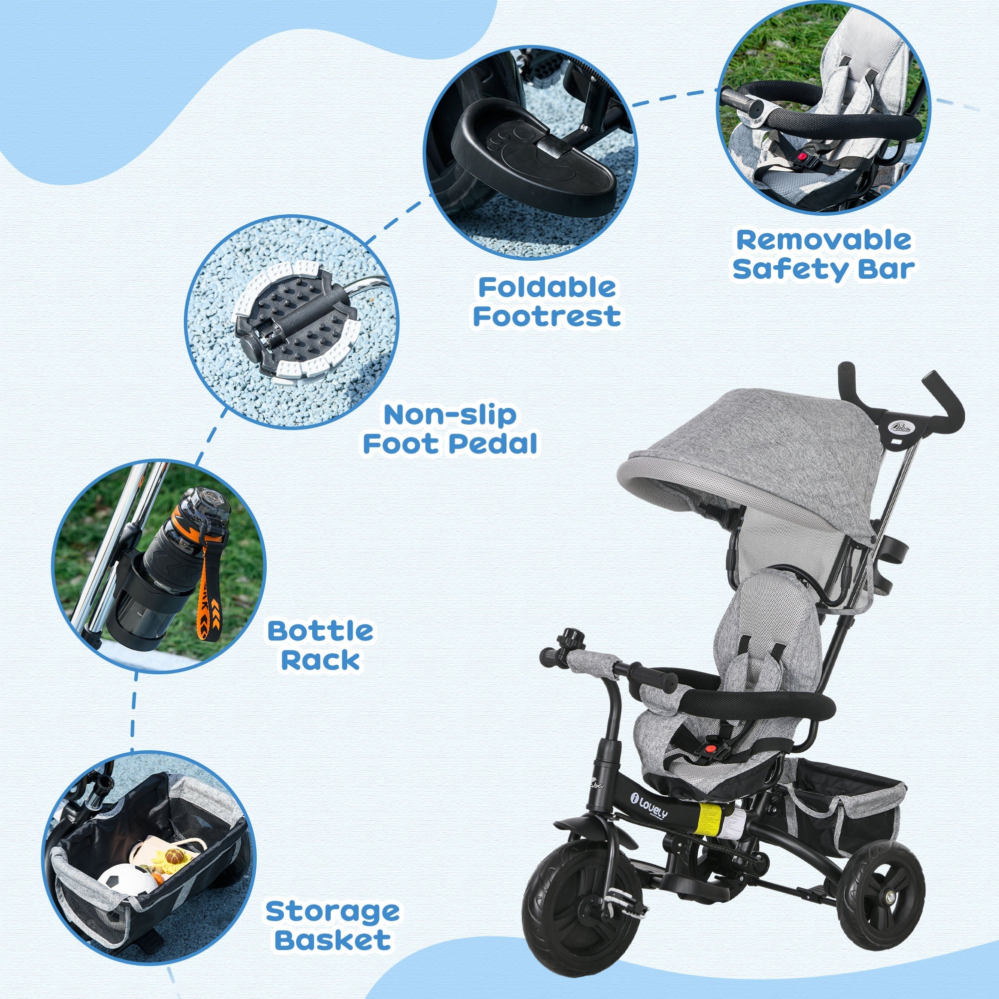 Qaba 4-in-1 Convertible Toddler Tricycle Stroller with Canopy Basket Safety Harness for Kids 12-60 Months Grey